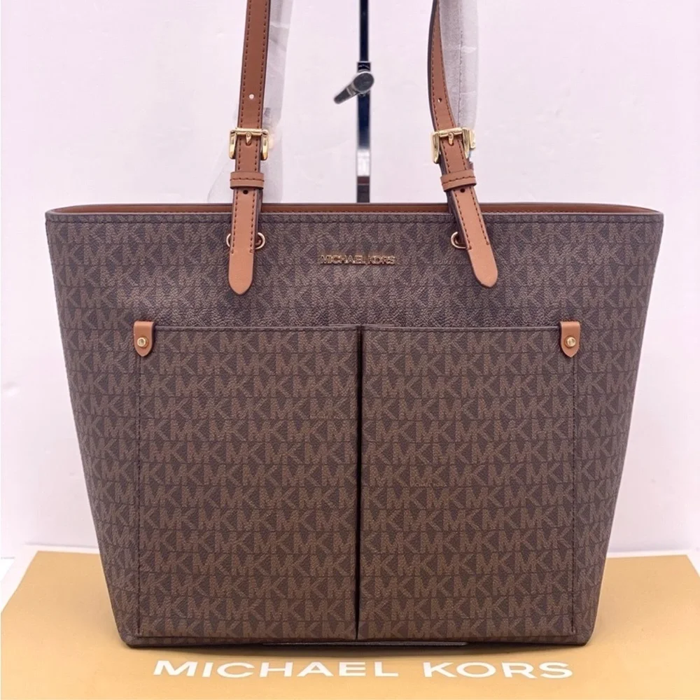 Michael Kors Signature Double Pocket Tote Shoulder Bag Brown